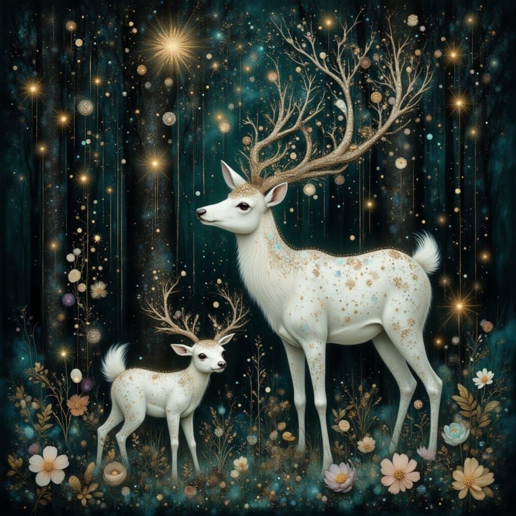 Magical Luminous Deer in Dark Forest Folk Art