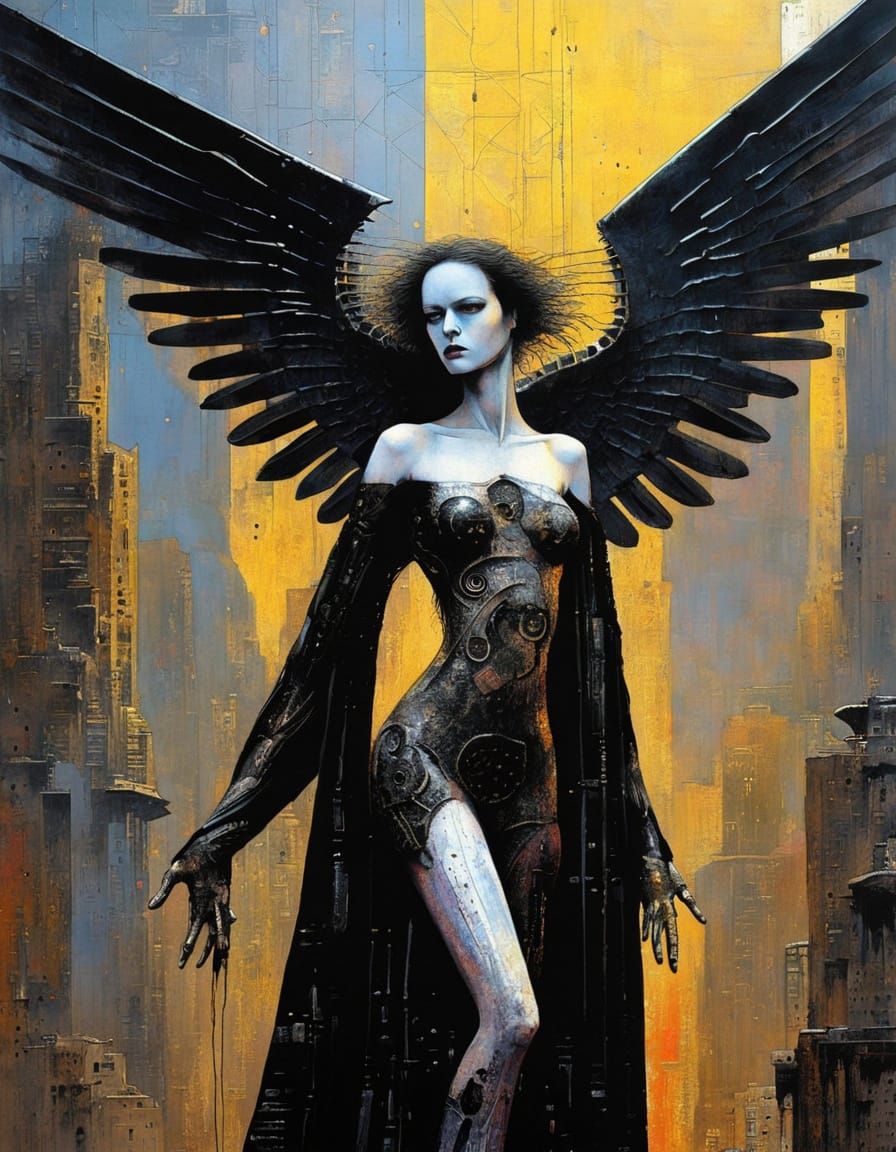 Biomechanical Angel in Cyberpunk Neon Cityscape
