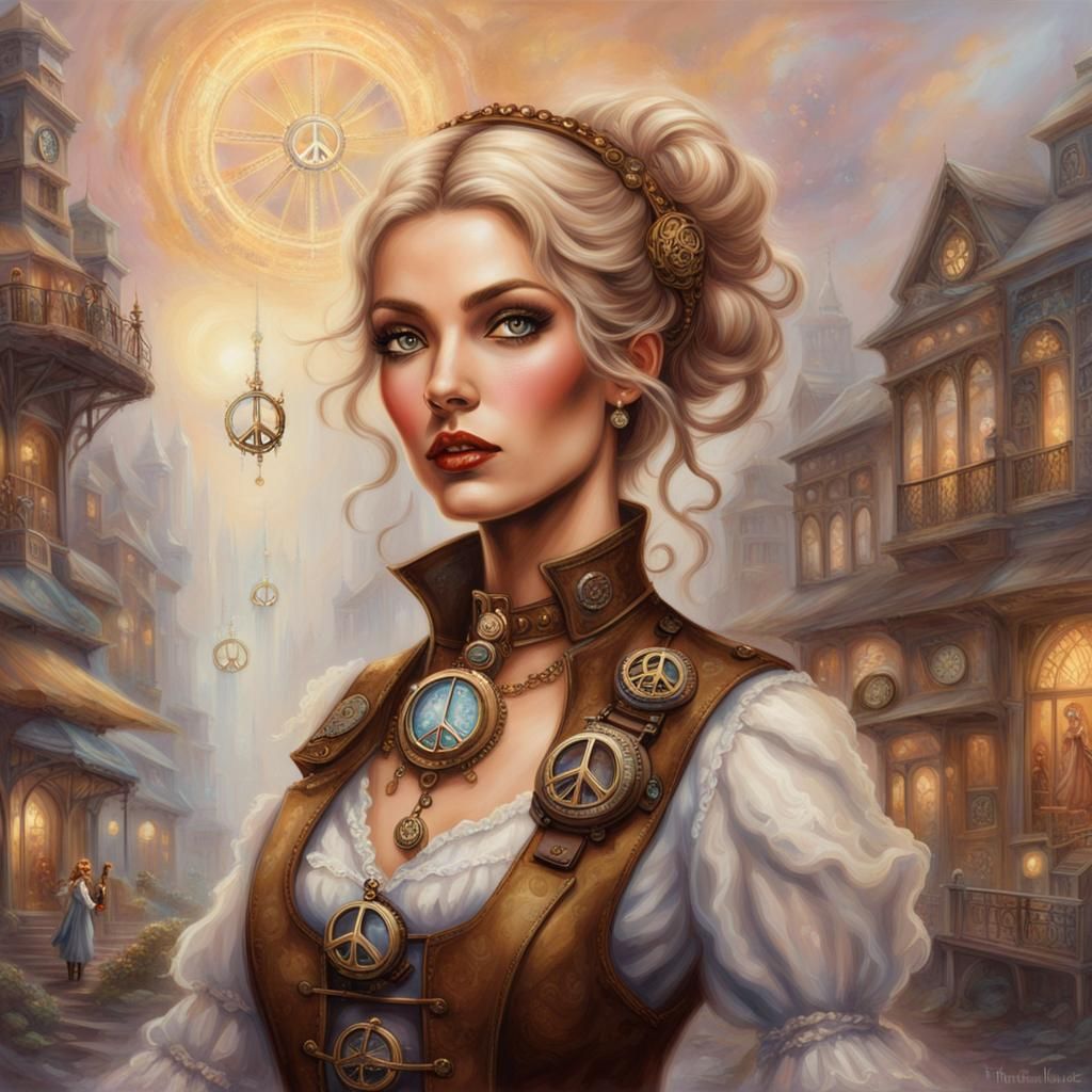 Steampunk Woman with Peace Sign in Ethereal Style