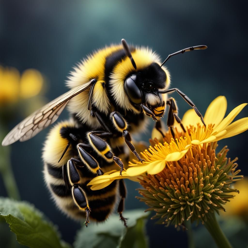 Fluffy Bumble Bee with Flower: Digital Painting