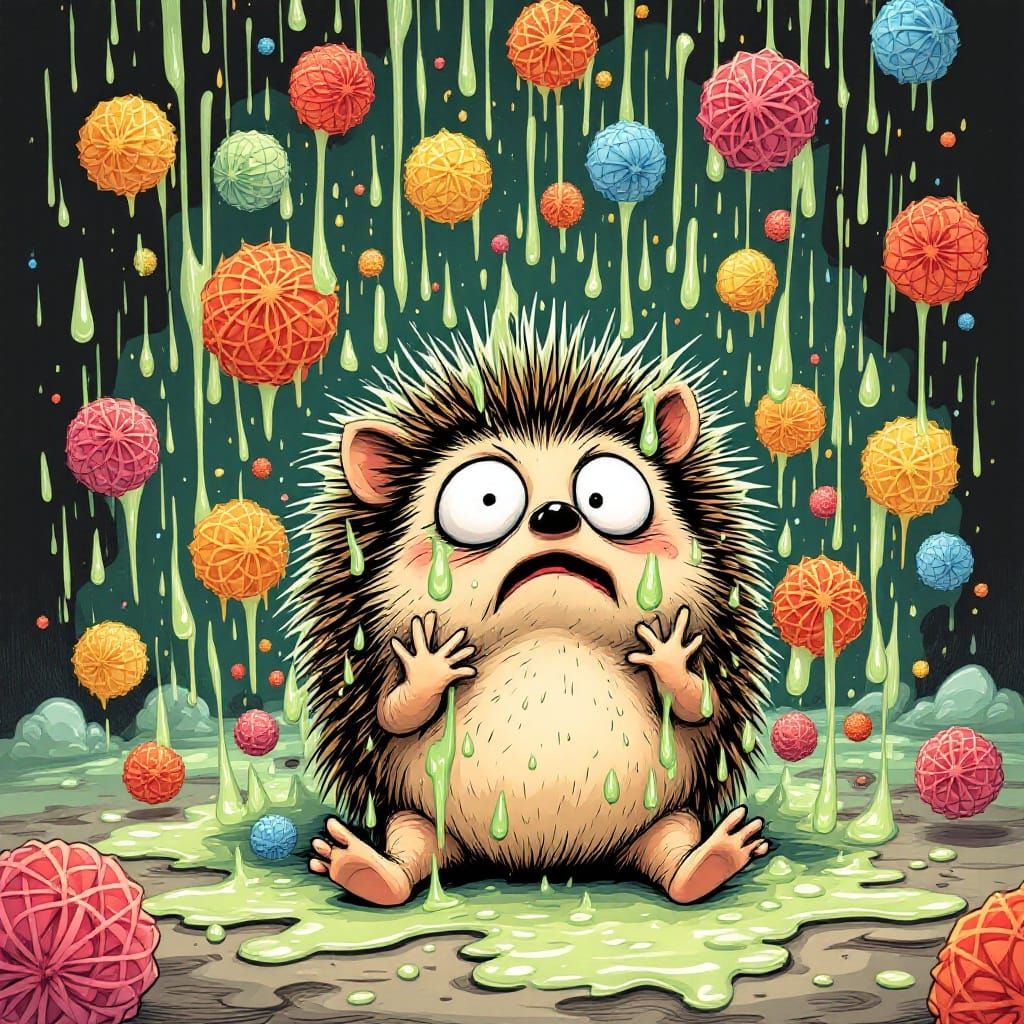 Vibrant Hedgehog in a Jelly Rainstorm Chaos