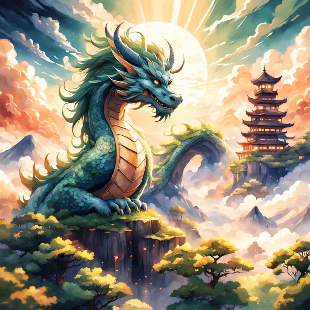 Japanese Dragon Takes Flight Amidst Vibrant Clouds and Lush ...