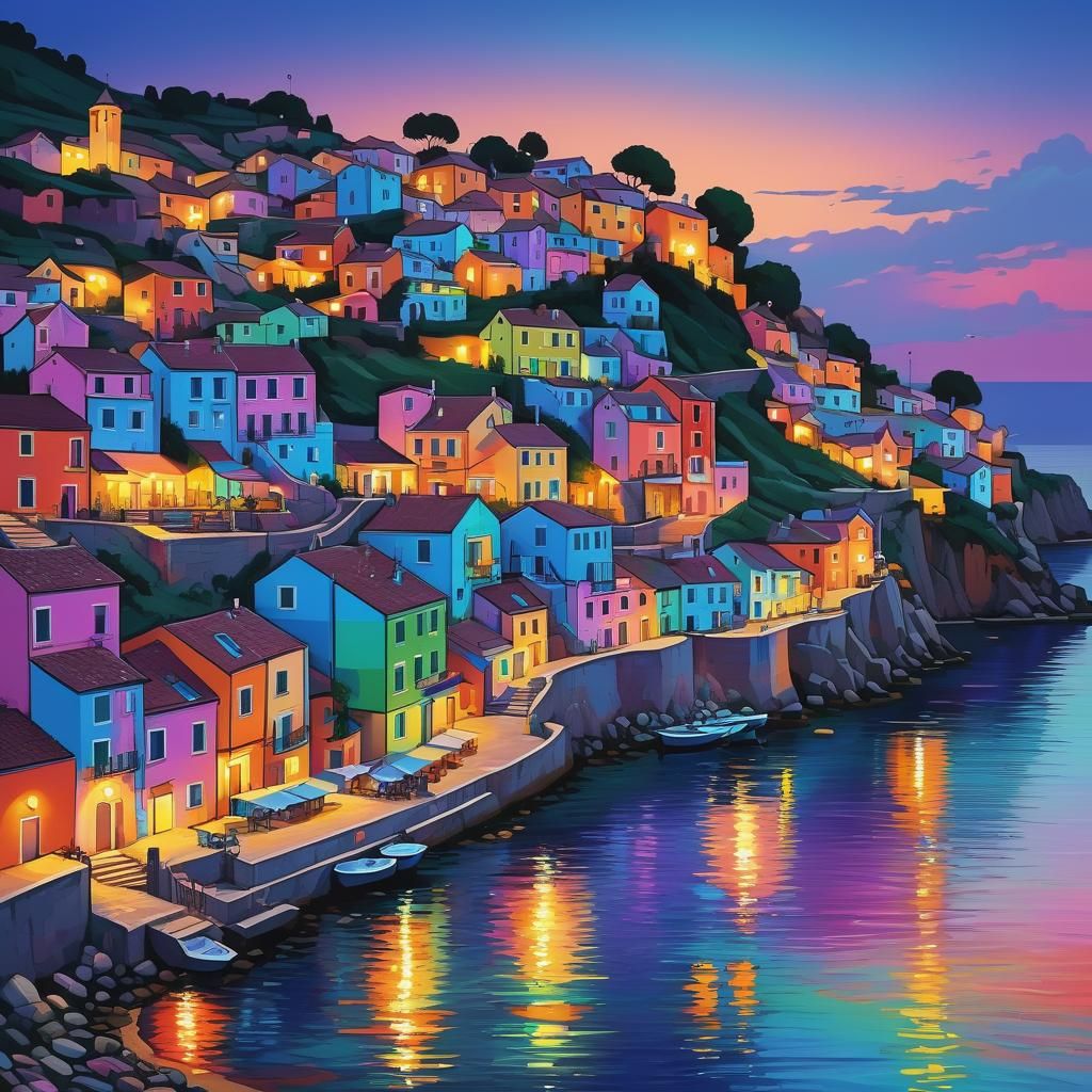 Psychedelic Twilight Over Mediterranean Village