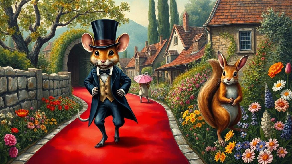 Dignified Mouse Strolls on Crimson Carpet