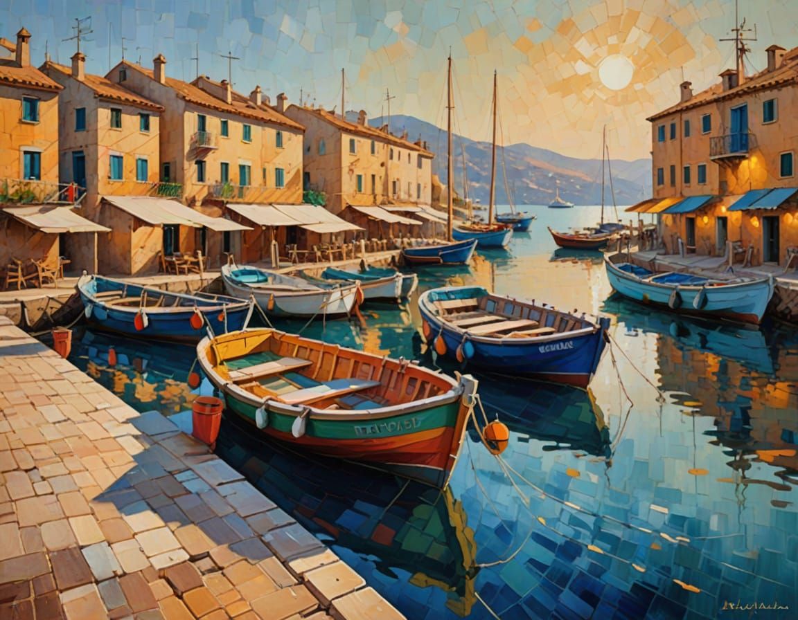 Mediterranean Fishing Harbor in Impressionist Style