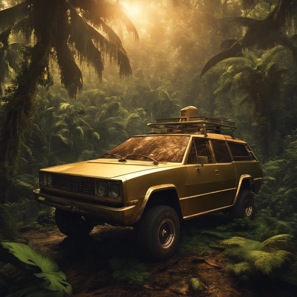 Retro Golden Cybertruck in a Rainforest, Matte Painting