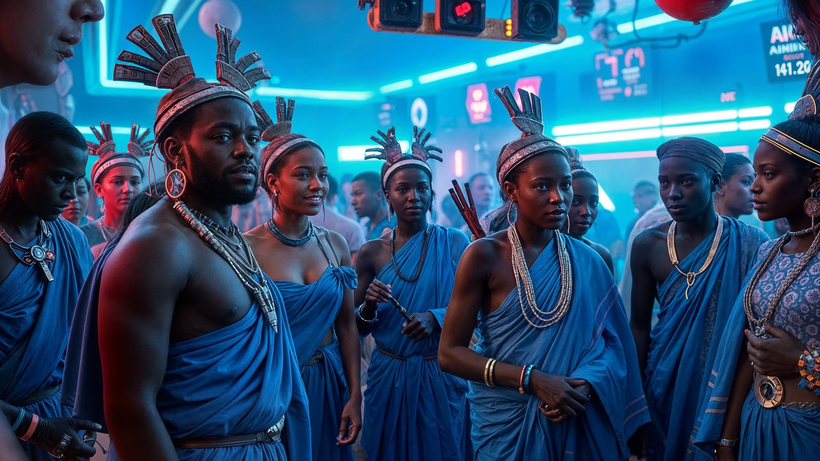 Cyberpunk Party in Blue African Village with Neon Lights