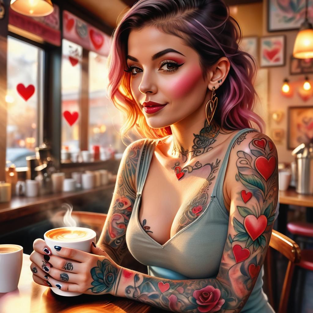 Valentine Heart Tattooed Woman in Watercolor Style