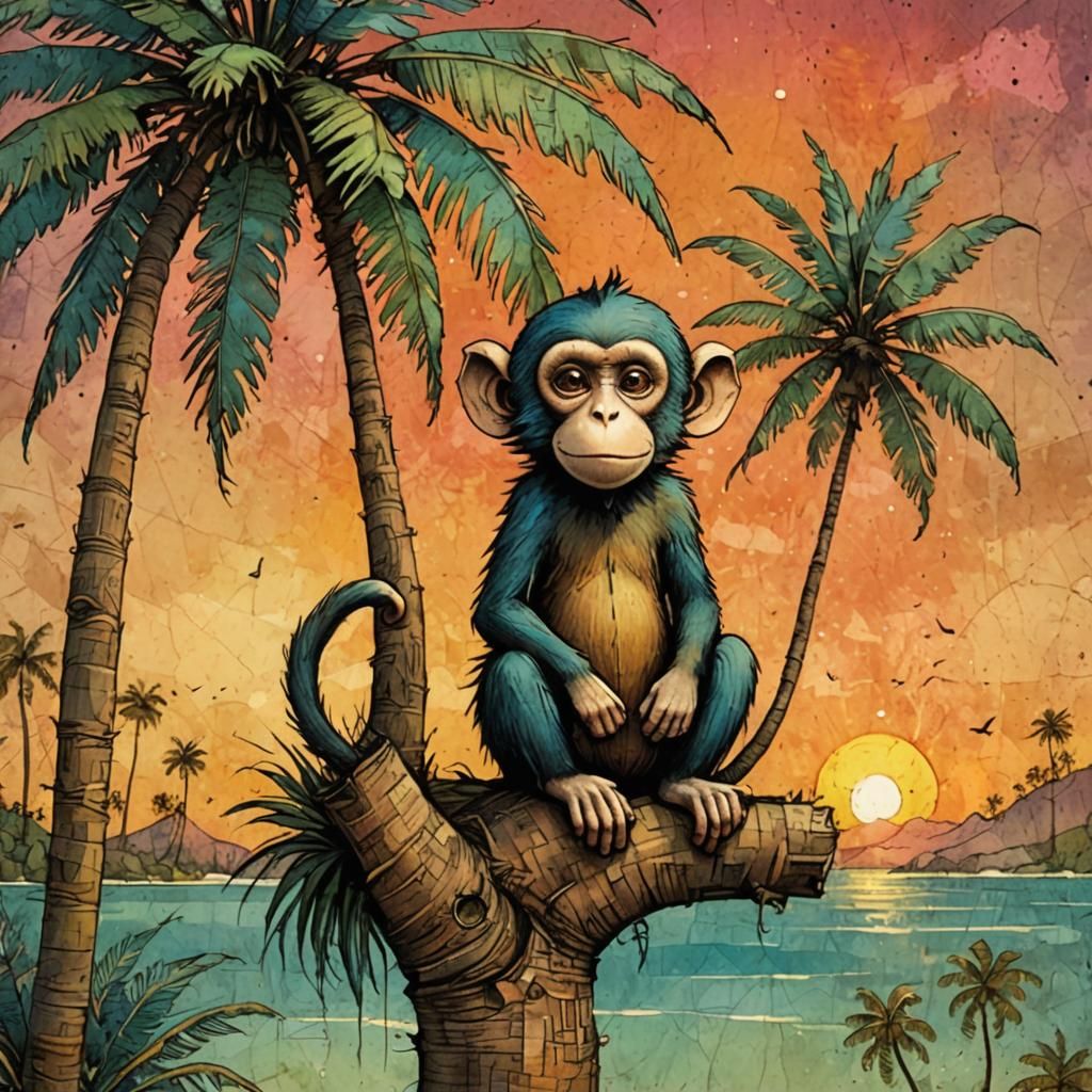 Whimsical Monkey on Palm Tree Illustration