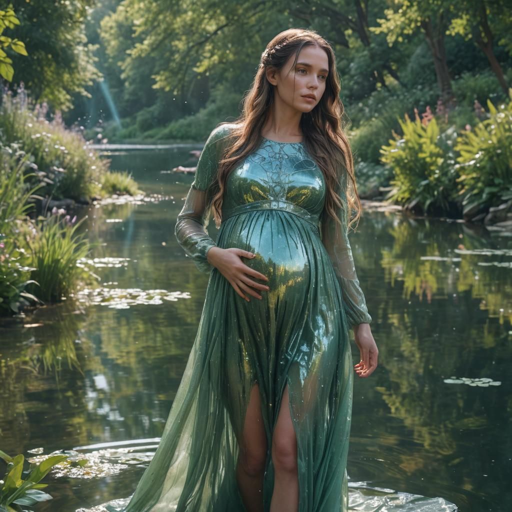Pregnant Woman in Garden with Holographic Lake