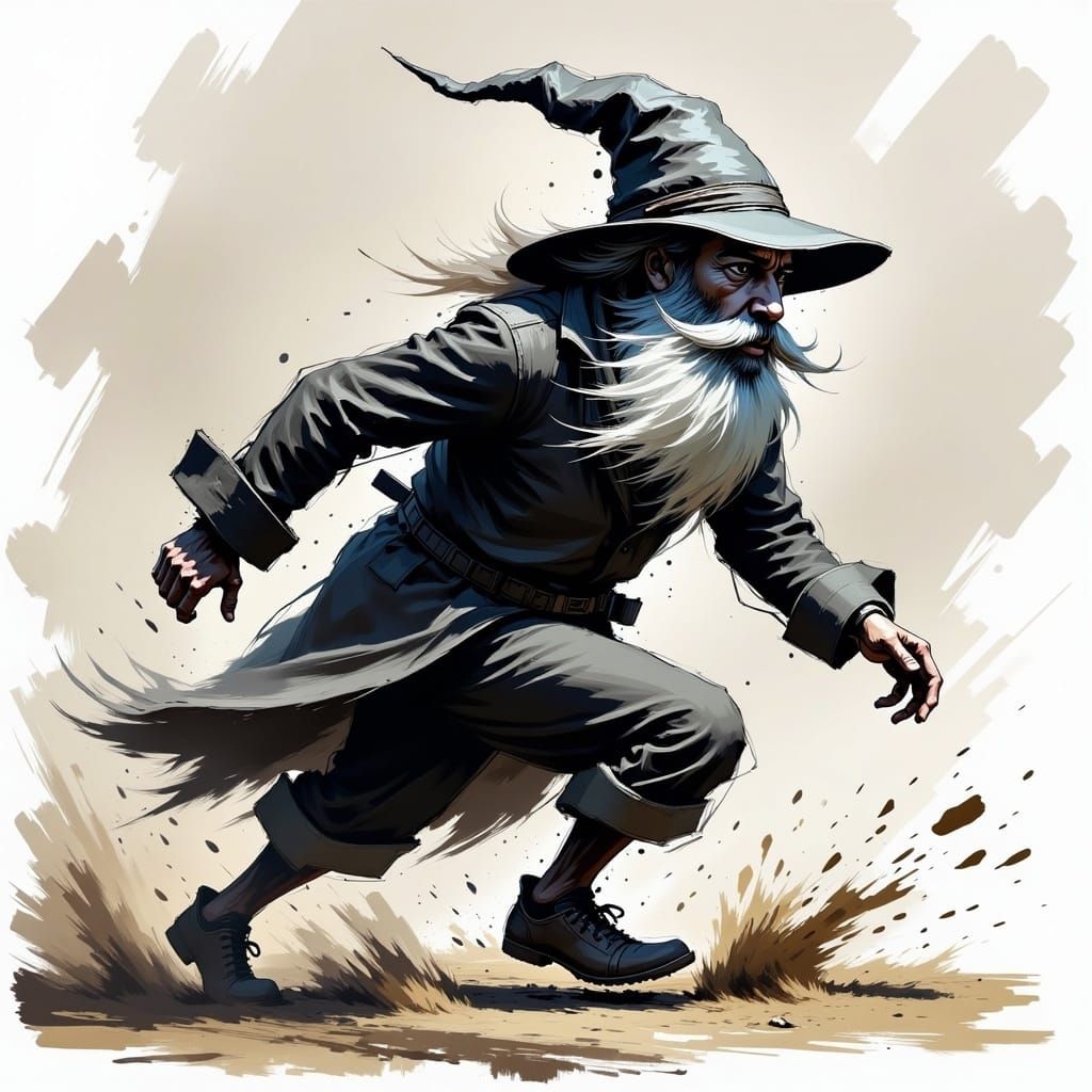 Rincewind Running from Spells: Ink Sketch Style