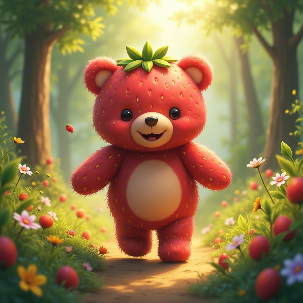 Whimsical Strawberry Teddy Bear Embarks on a Forest Adventur...