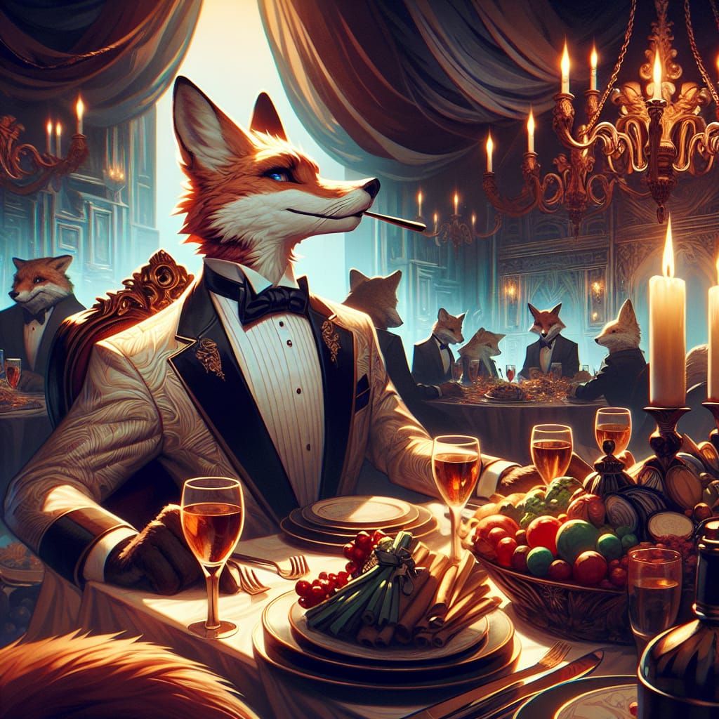 Anthropomorphic Fox in Tuxedo at Fantasy Dinner Party