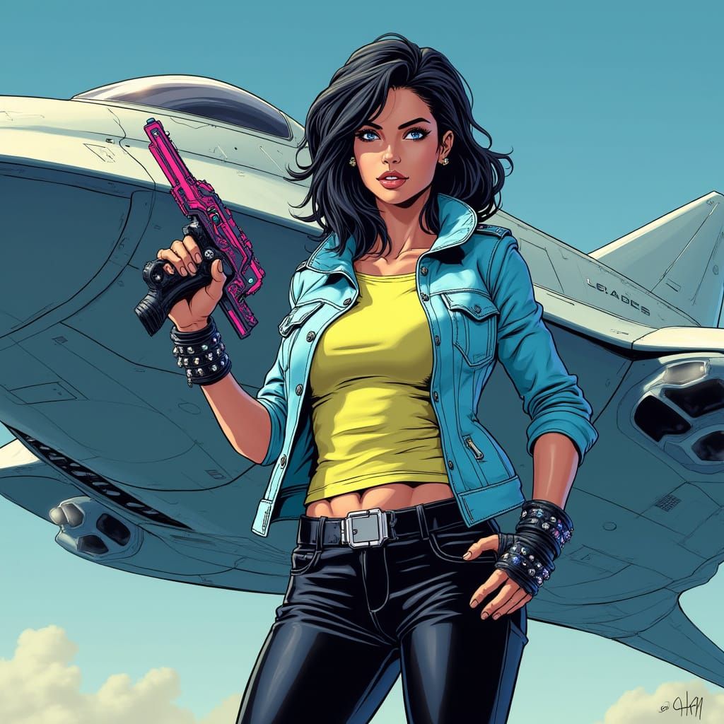 Futuristic Space Heroine in Leader Jacket and Alien Gun