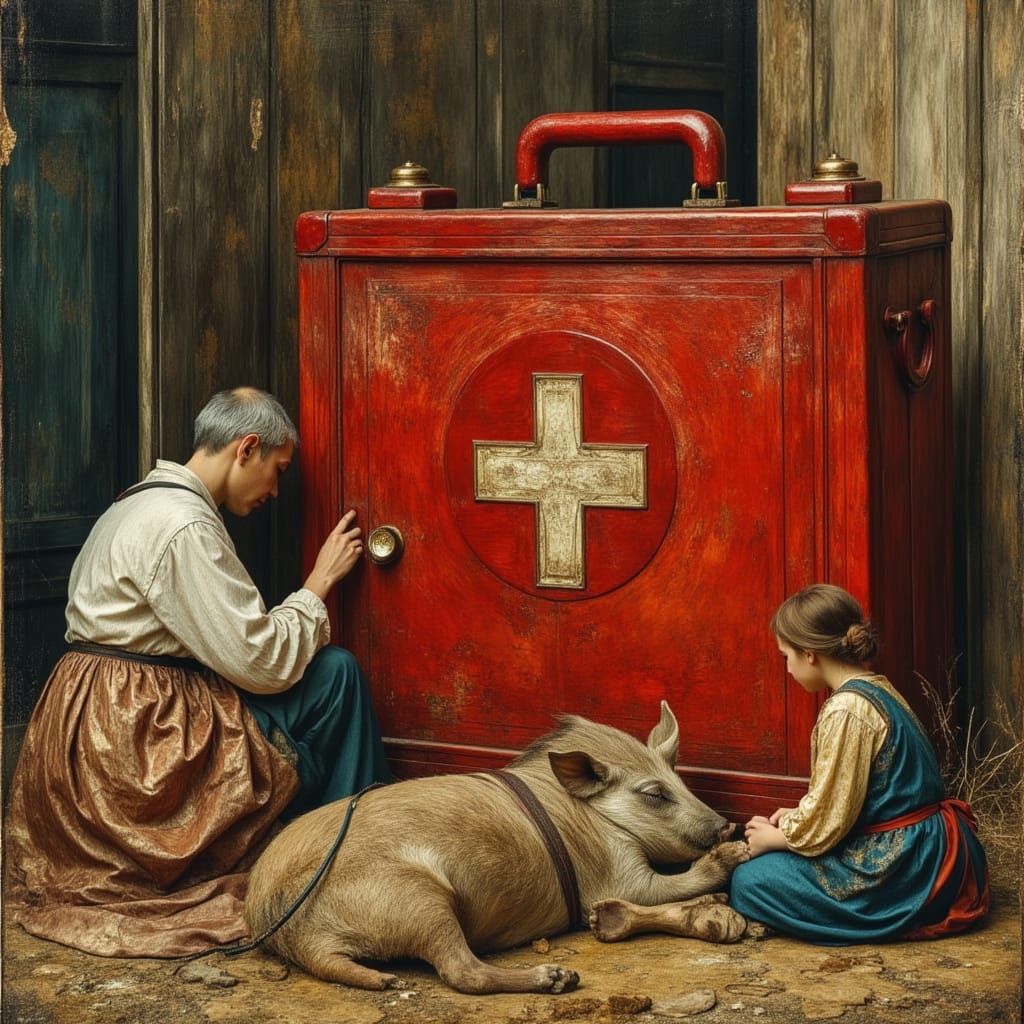 Doctor Treats Pig with Cat Assistants: Dürer Style