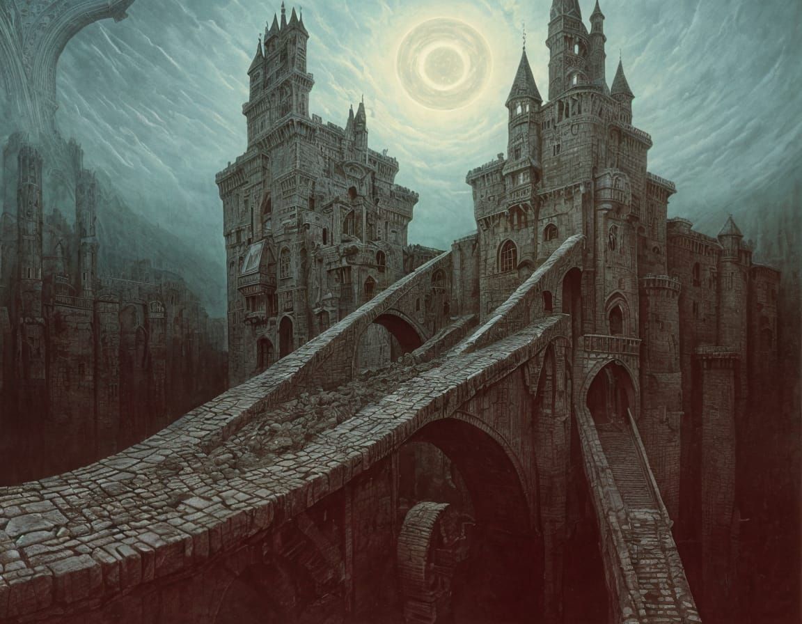 Surreal Castle with Drawbridges in Dreamlike Landscape