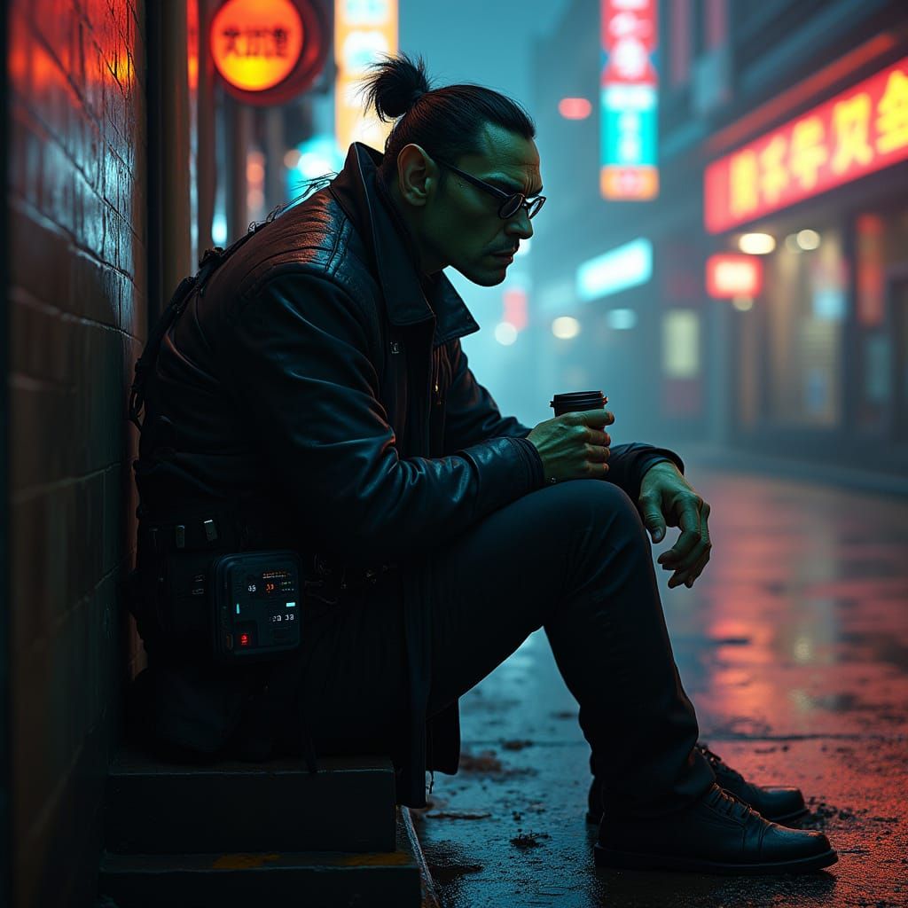 Cyberpunk Scholar in Neon City Alley