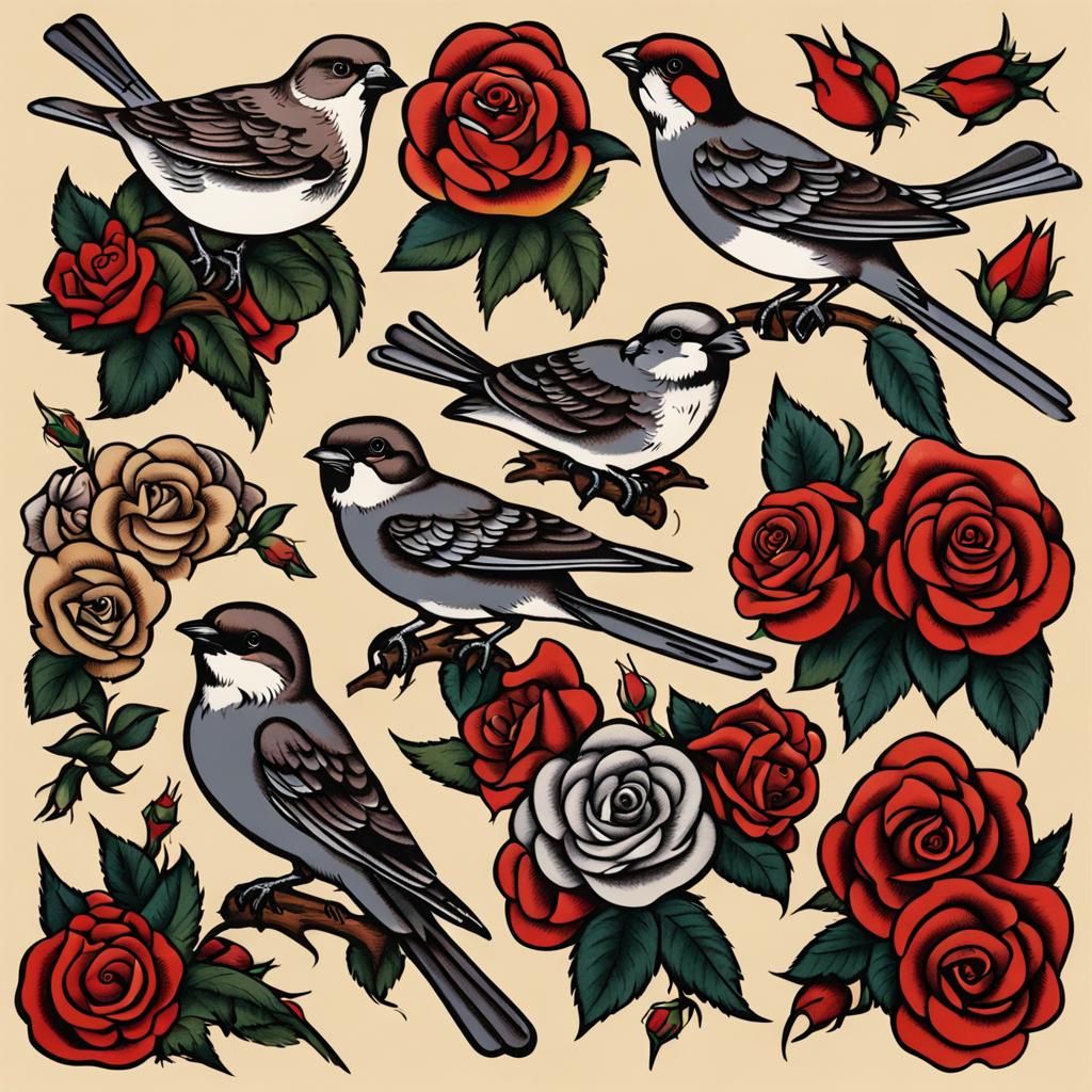 Sailor Jerry Style Sparrows and Roses Flash Sheet