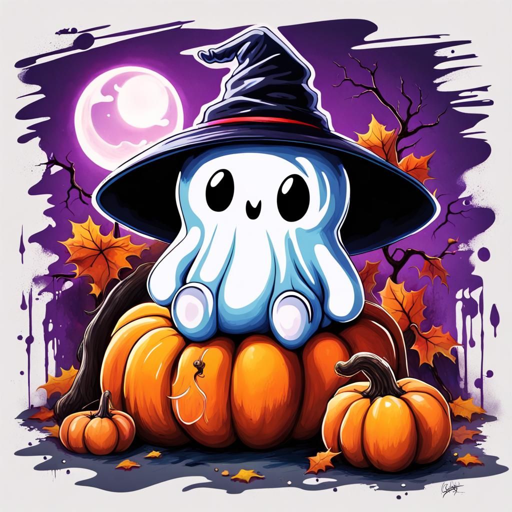 Cute Halloween Ghost with Pumpkins in Graffiti Style