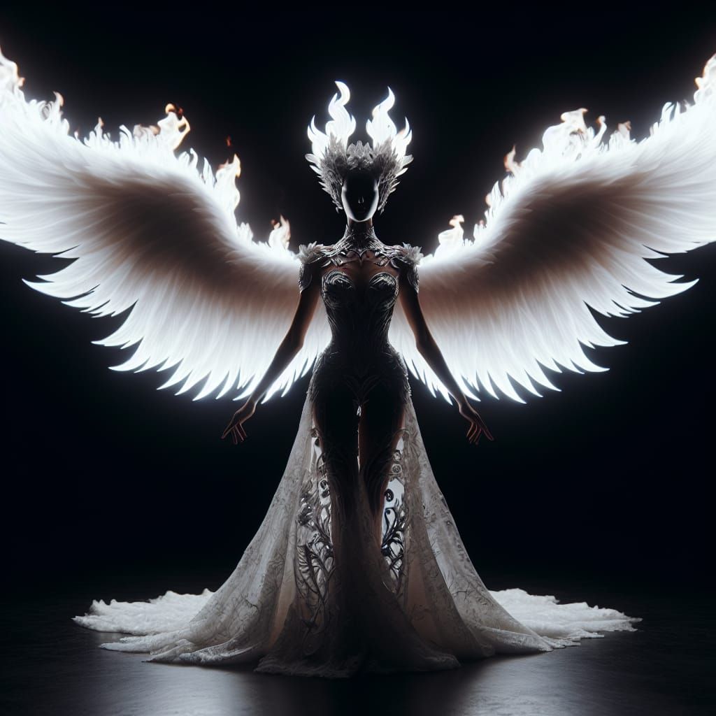 Ethereal Woman in White Gown with Flaming Wings