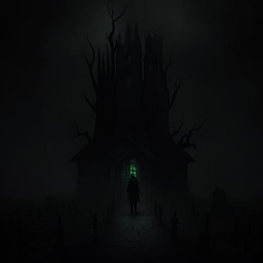 Eerie Cemetery Scene with Figures in Dark Surrealism