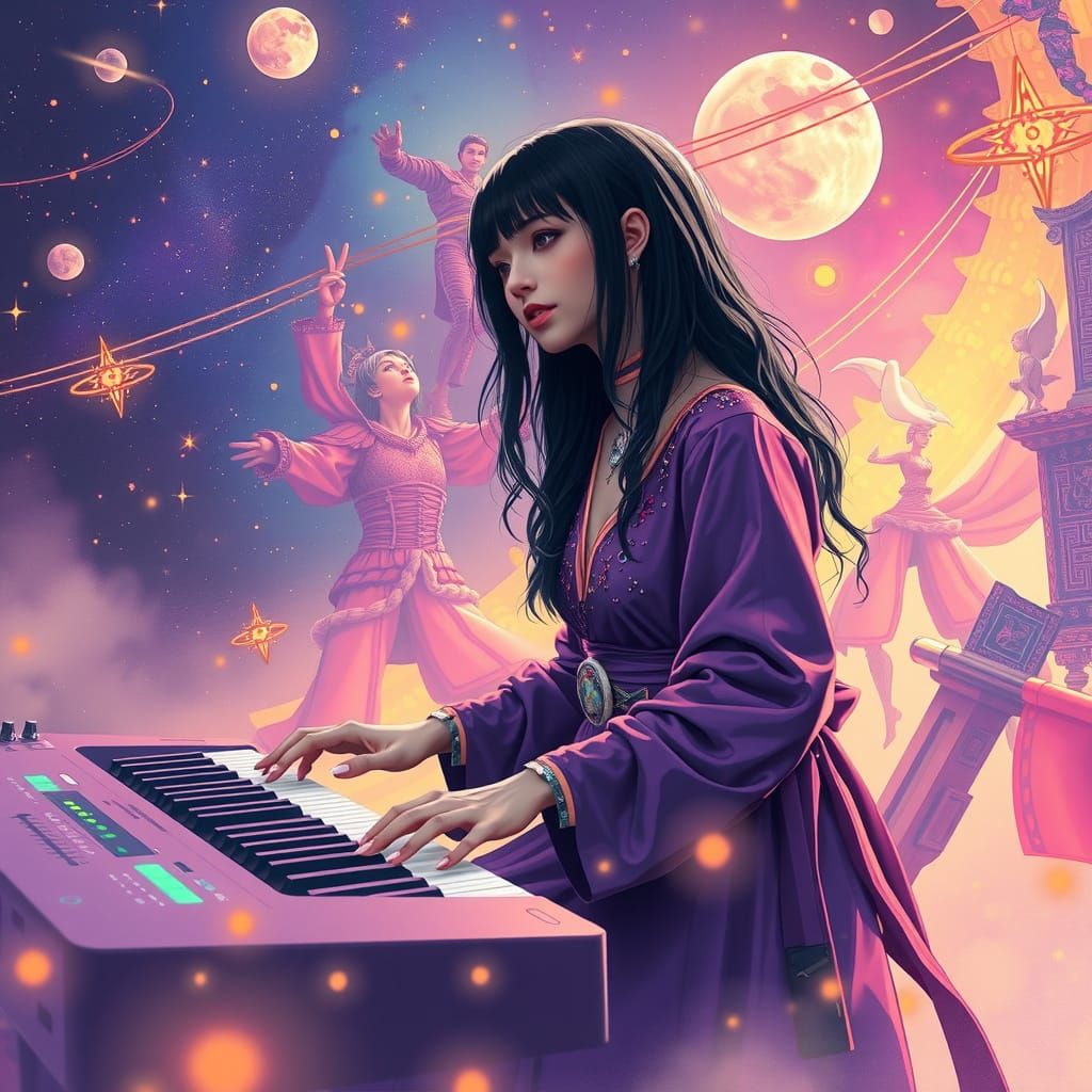 Mystical Woman Plays Keyboards in Fantasy Landscape