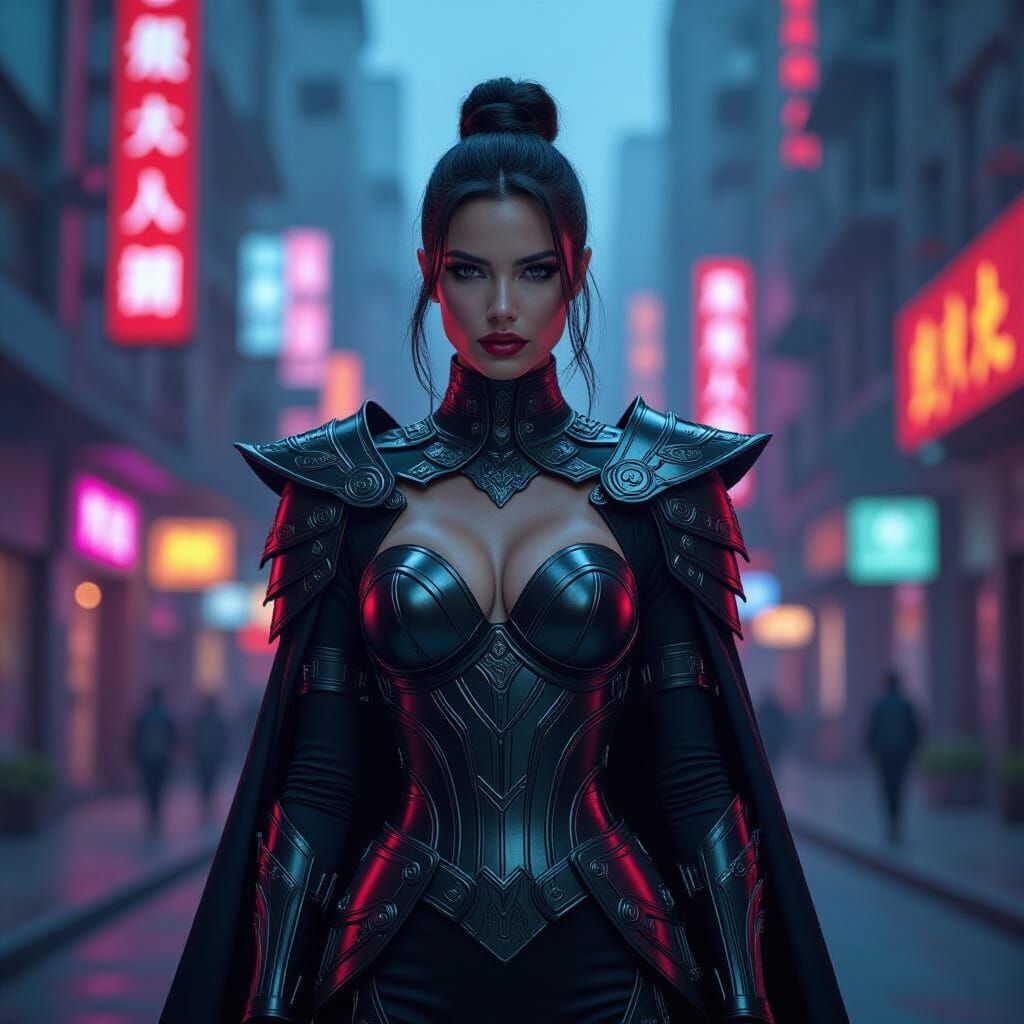 Superhero in Haute Couture Armor on Neon Cityscape
