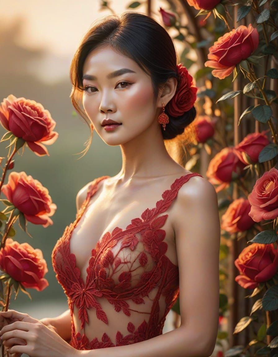 Eastern Goddess Emerges from Delicate Rose Petals