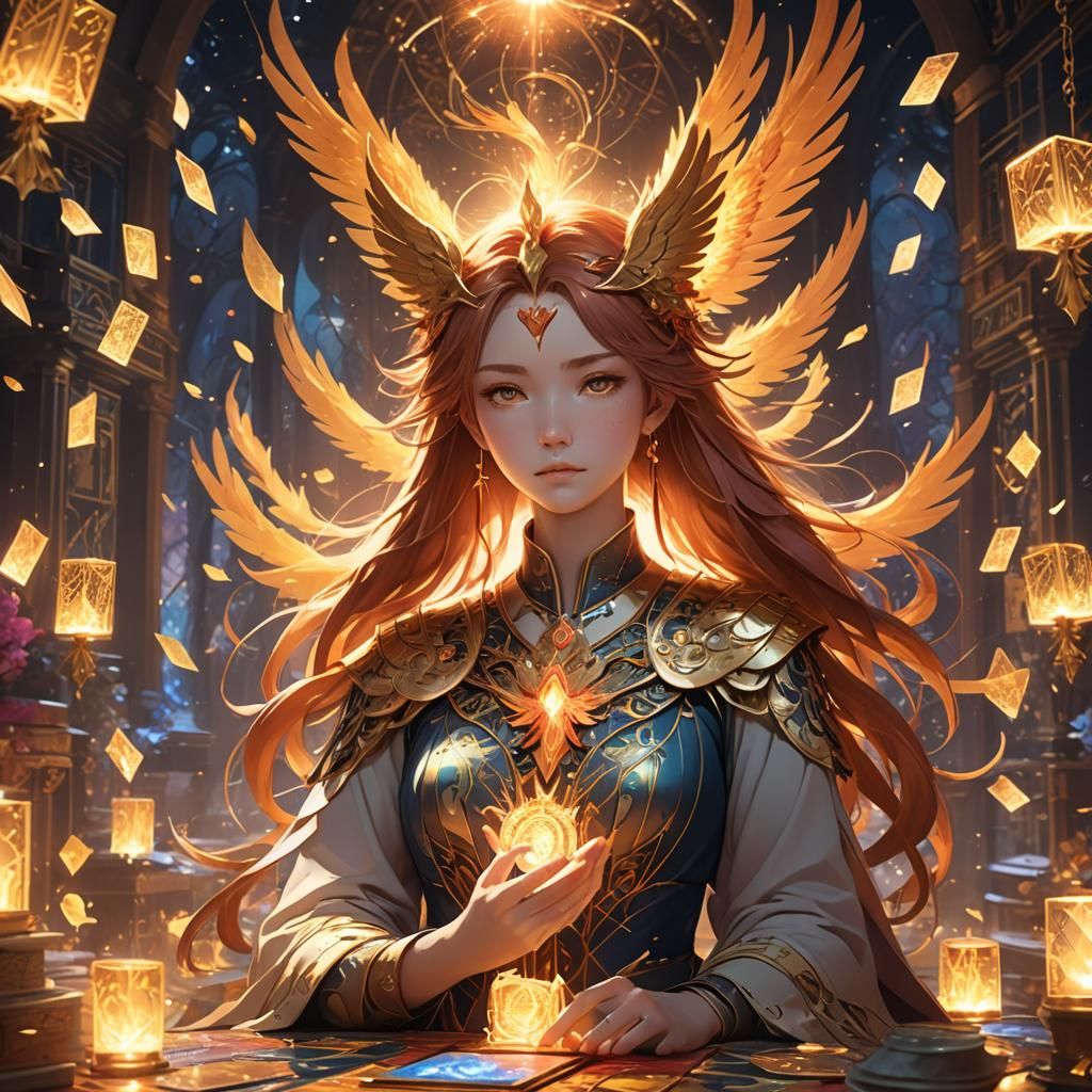 Mystical Phoenix Amidst Tarot Cards in Anime Style