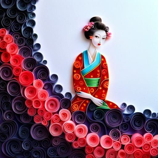 Geisha in Paper Quilling, Surreal Landscape