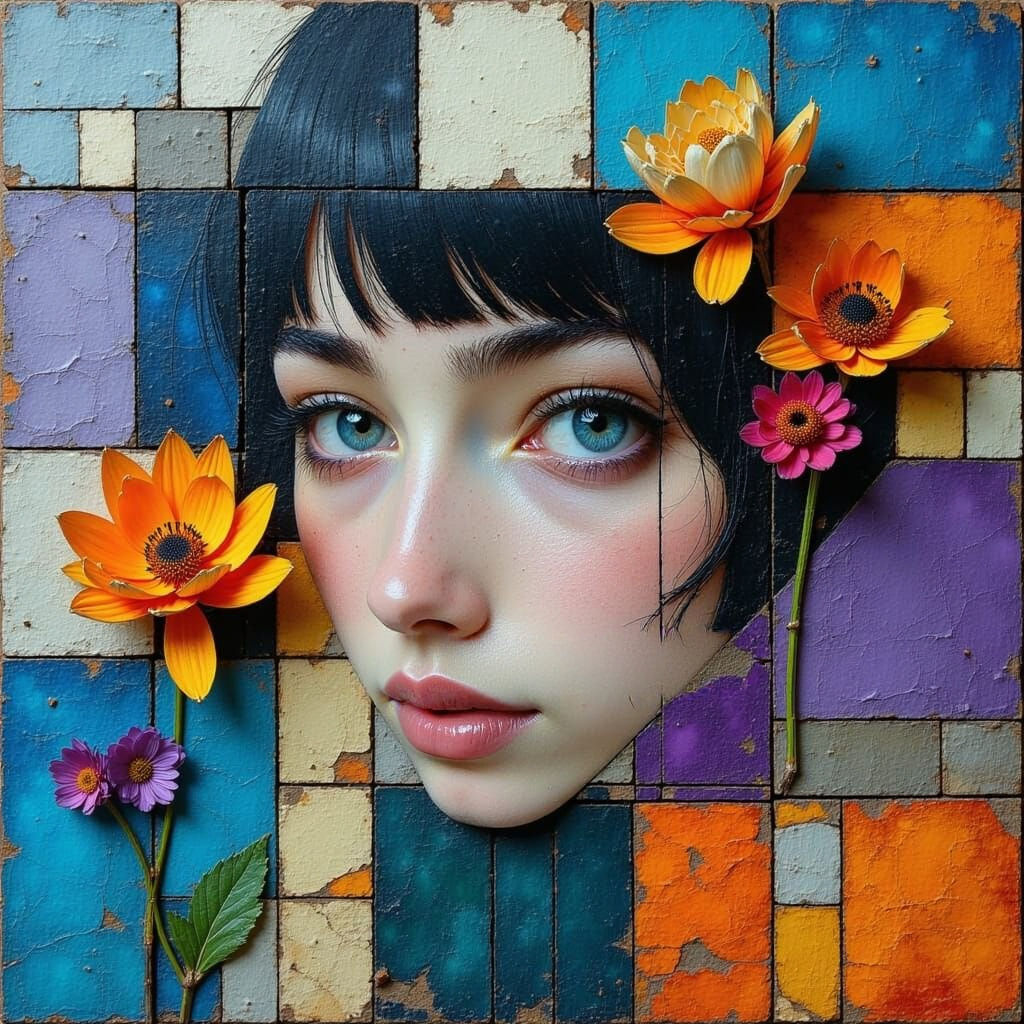 Young Woman's Eyes Amidst Textured Tiles in Cool Tones