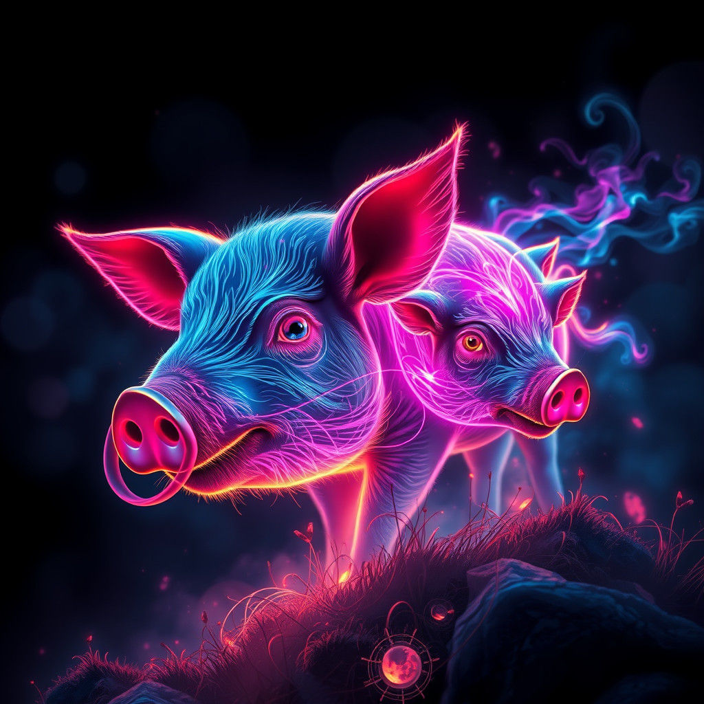 Radiant Neon Pigs in a Fantastical Landscape