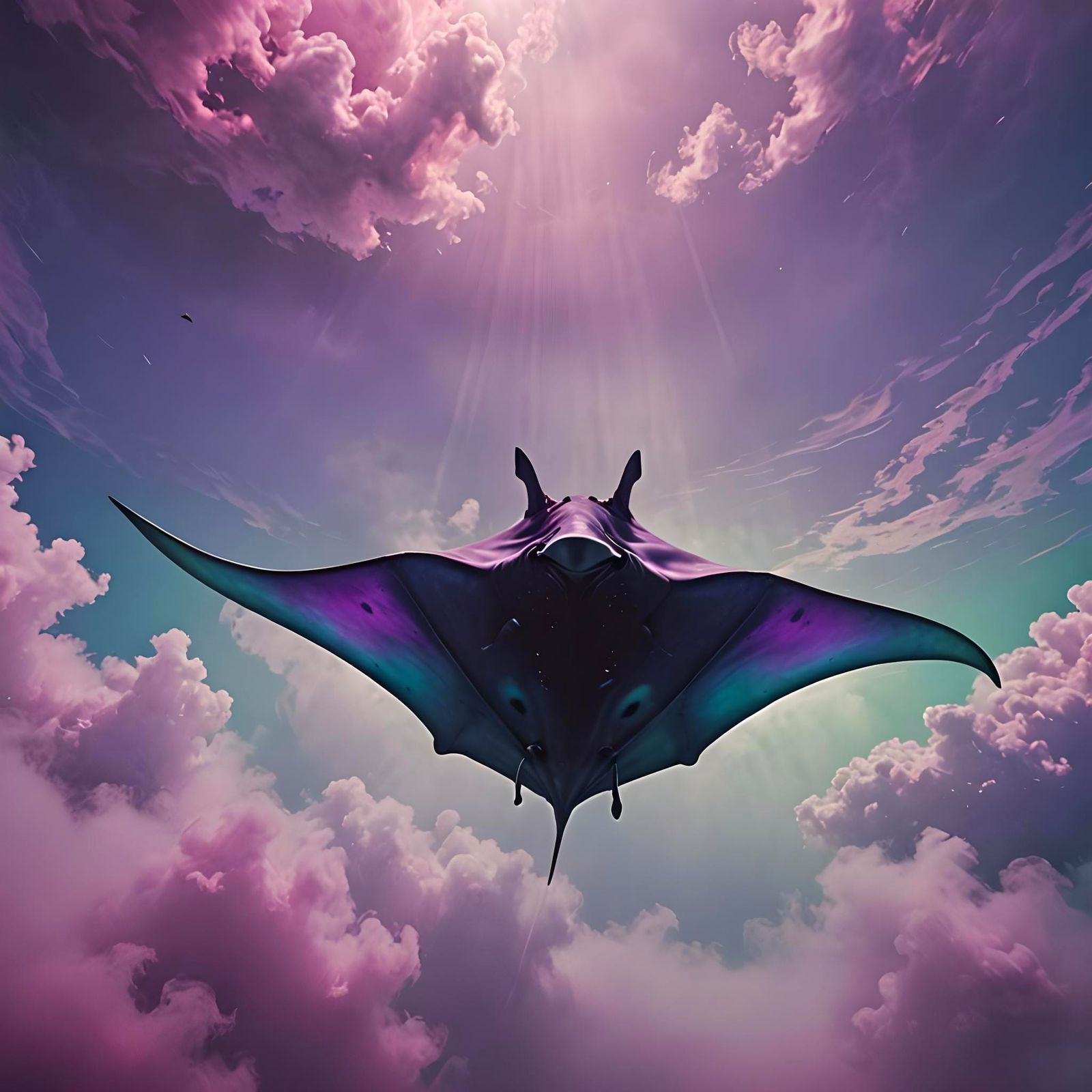 Manta Ray Alien Flies Through Colorful Fog