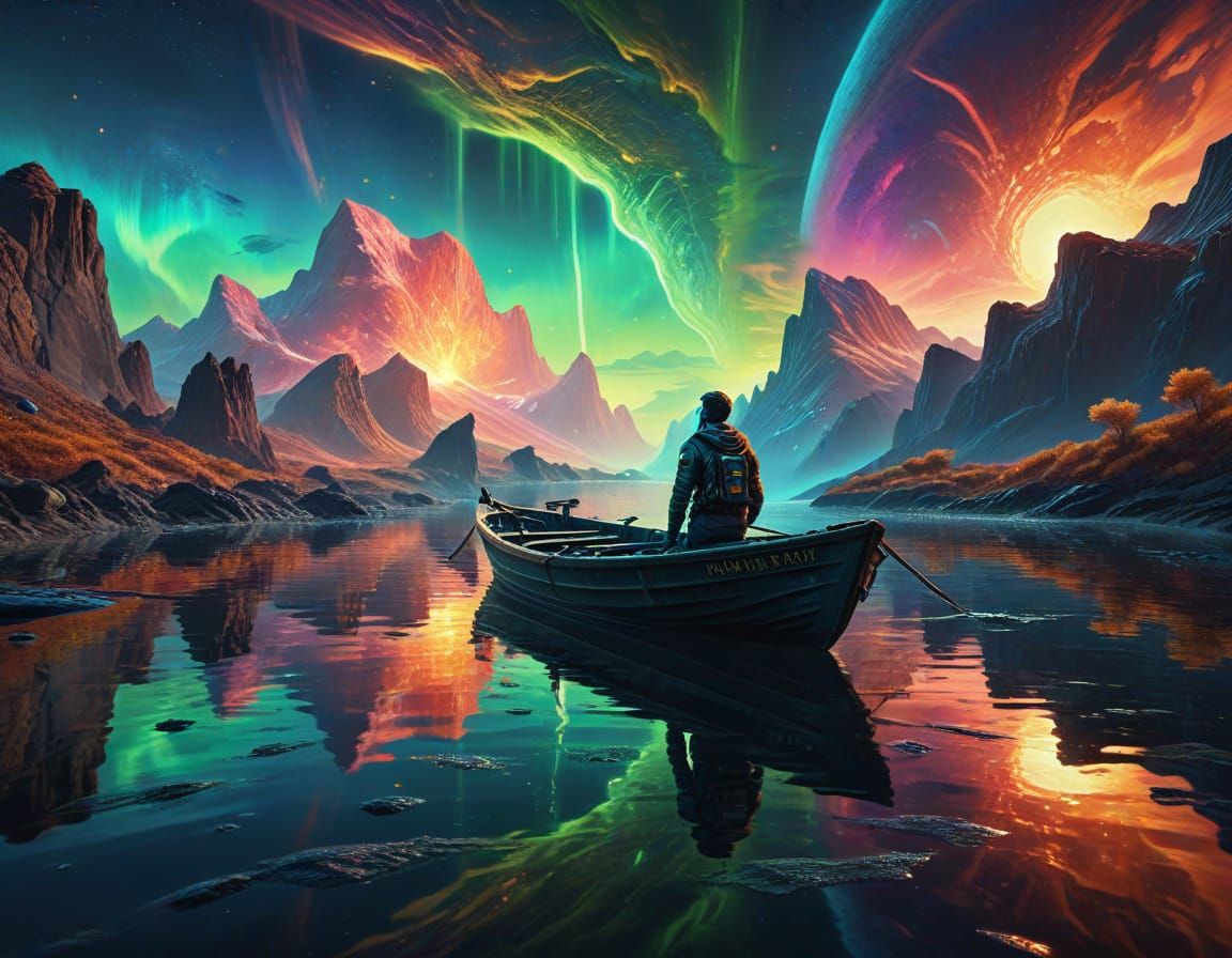 Sailor on Alien Planet with Aurora Borealis