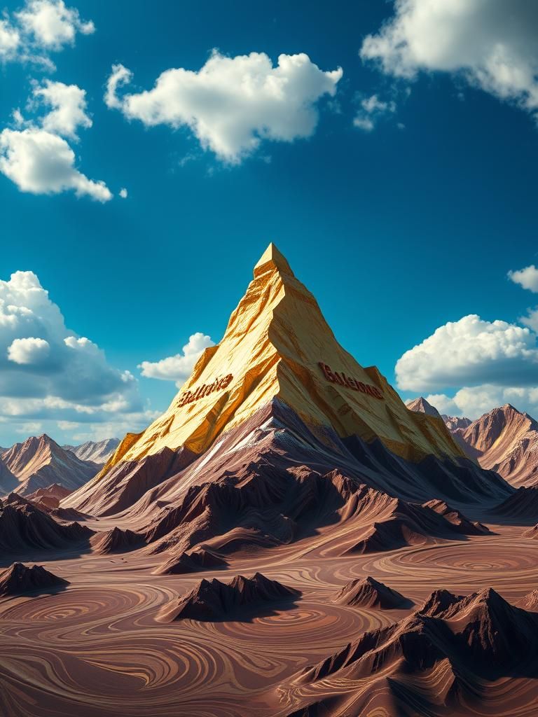 Golden Toblerone Mountain Peak in Dreamlike Landscape