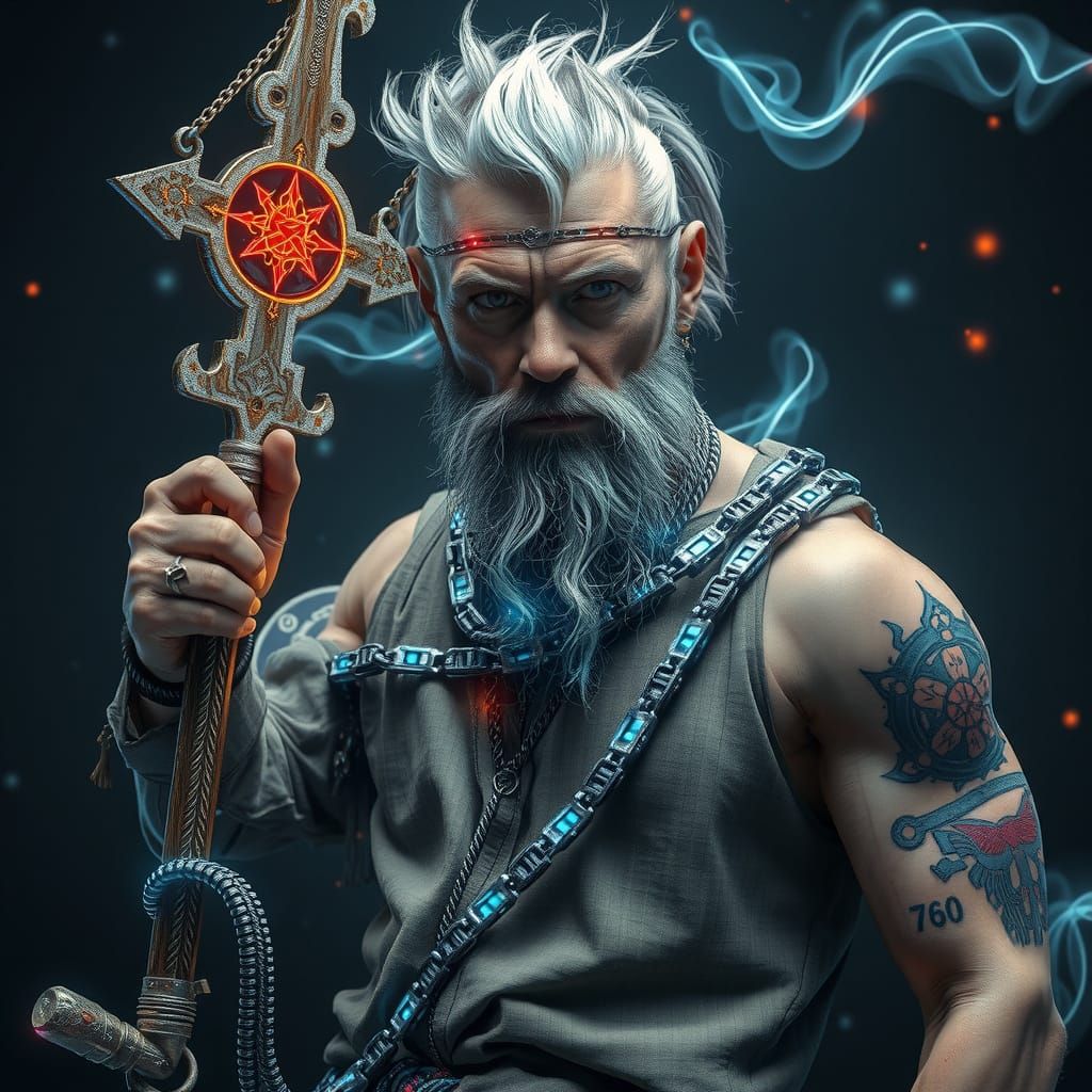 Cyberpunk Shaman with Glowing Tattoos and Neon Attire