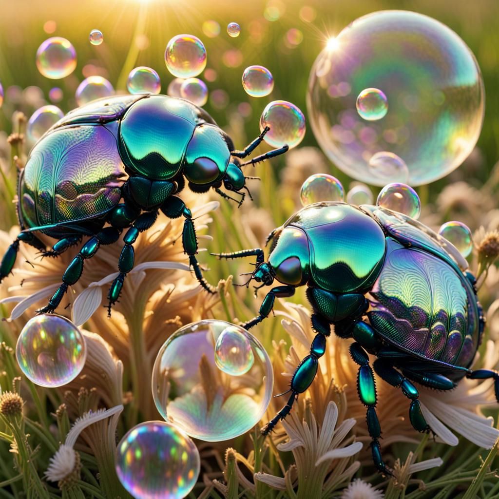Iridescent Beetles Blowing Bubbles in Sunny Meadow