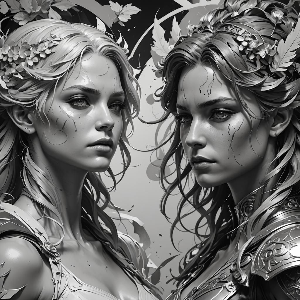 Black and White Conflict Portrait in Hyperdetailed Style