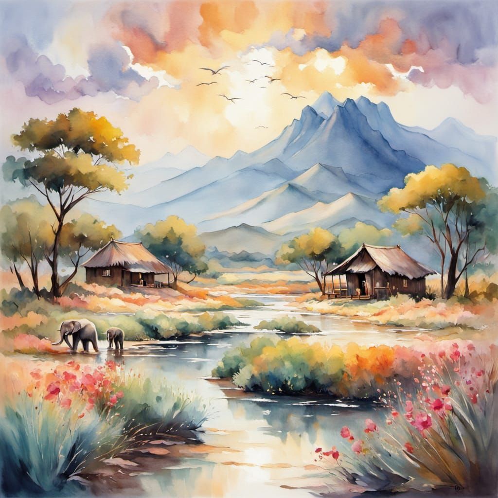 Vibrant African Water Goddess Soars Above Blooming Oasis