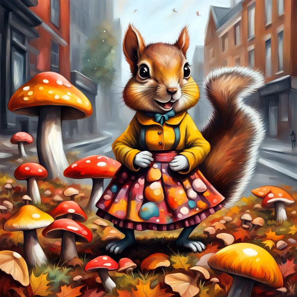 Squirrel in Skirt with Mushrooms: Graffiti Art