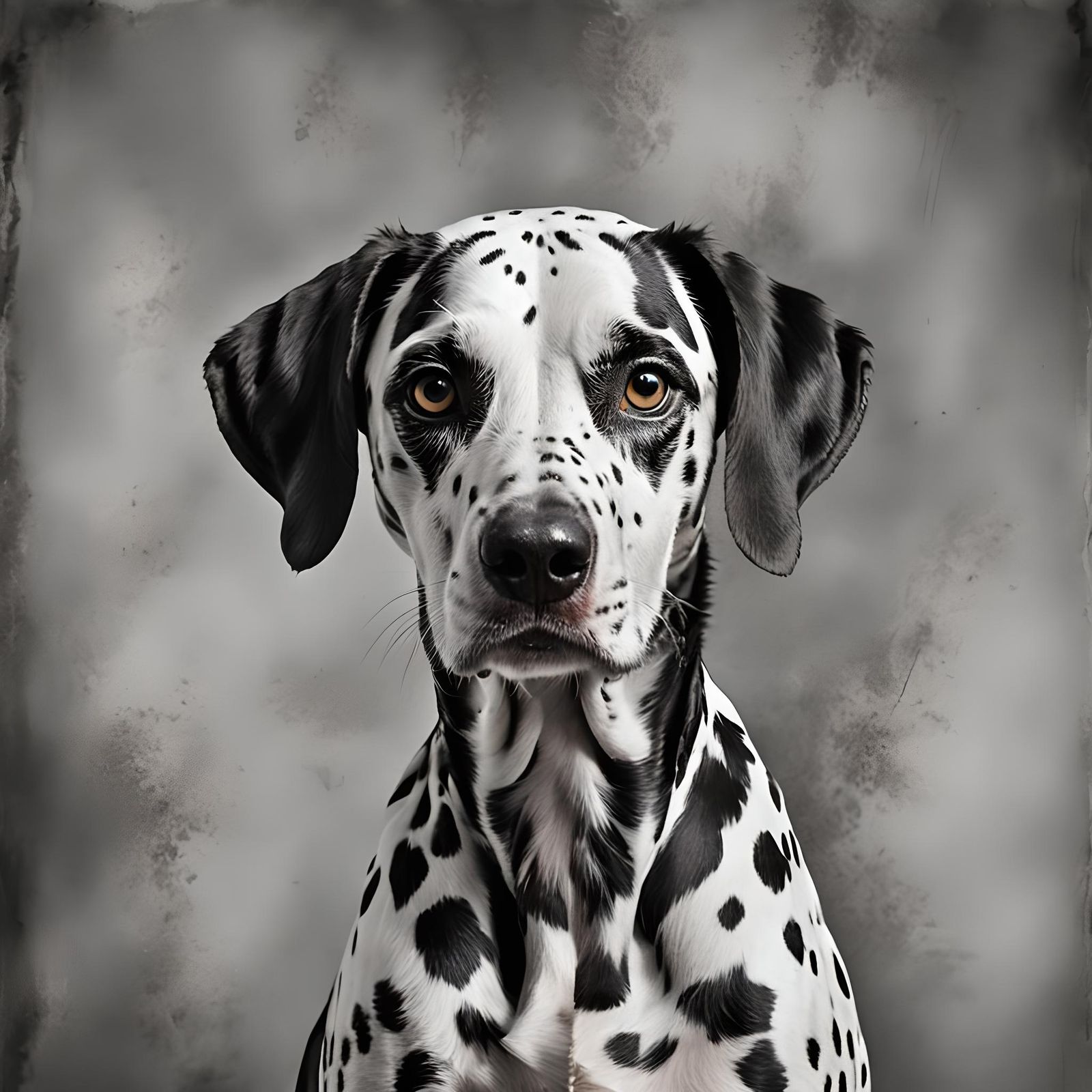 A captivating black and white portrait of a dalmatian dog, s...