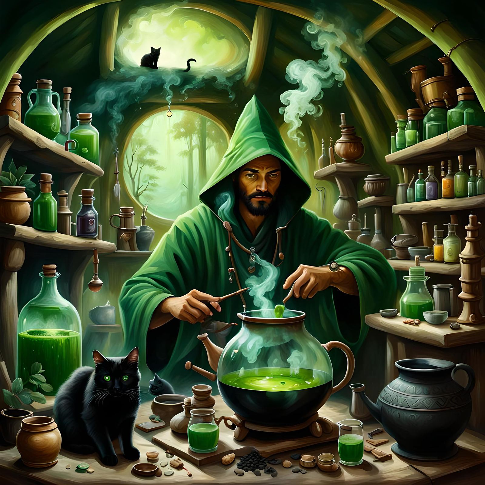 Alchemist's Brew: Mystical Hut Oil Painting