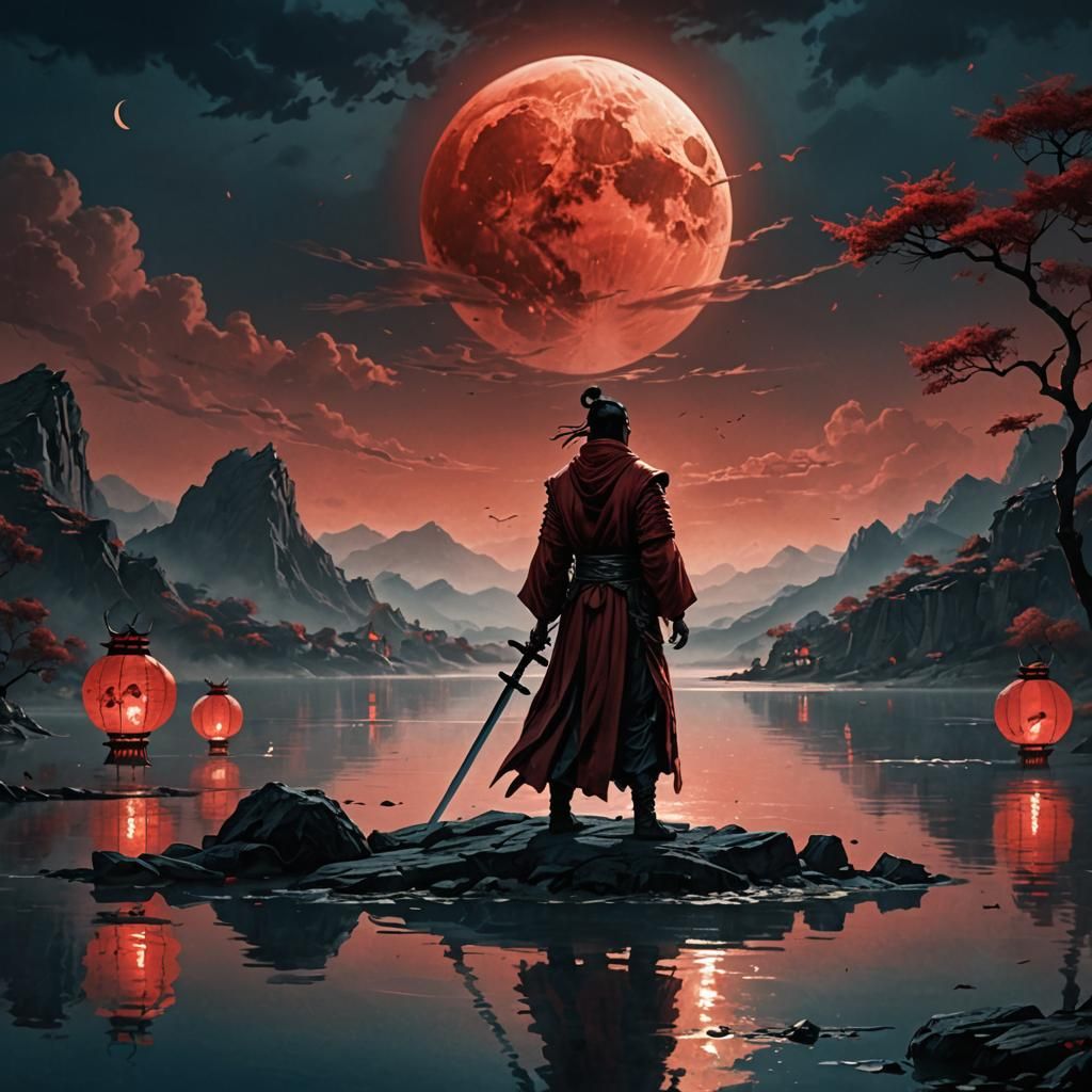 Swordsman Under Red Moon: Dark Fantasy Concept Art