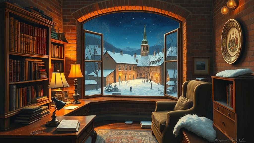 Cozy Home Office Under Starry Night Sky