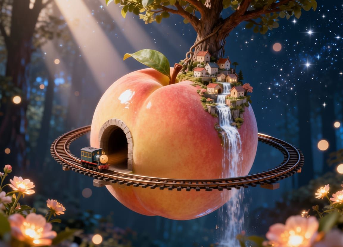 Surreal Peach with Train Tracks and Cascading Village