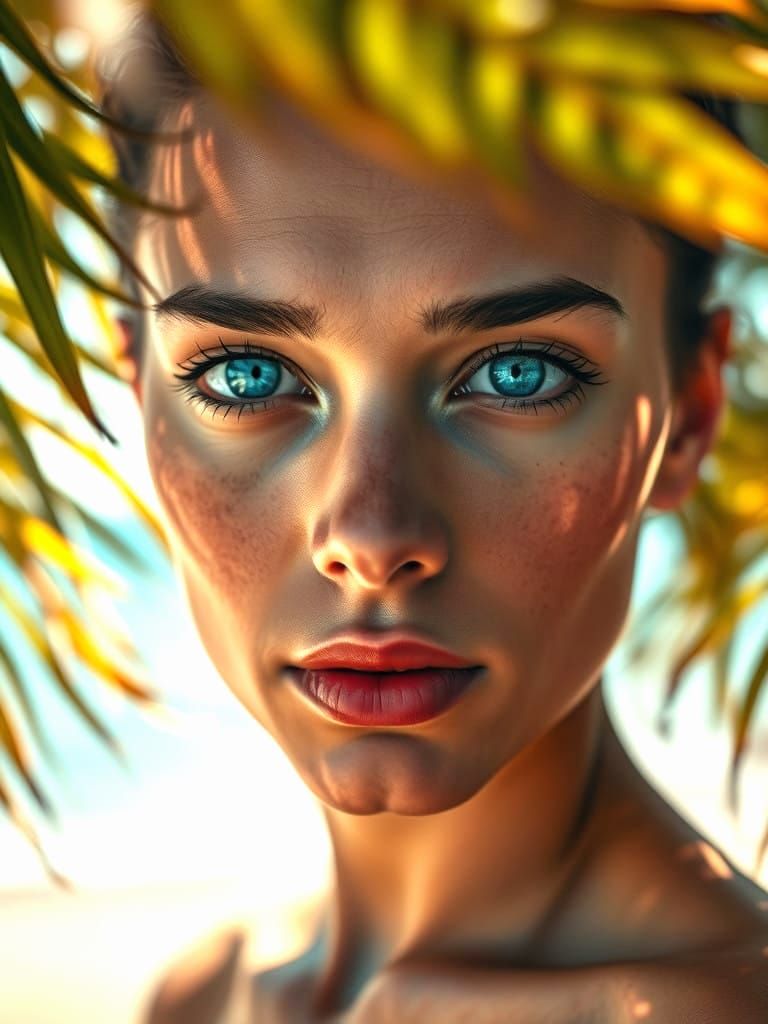 Tropical Island Beauty in Stunning Blue-Green Eyes