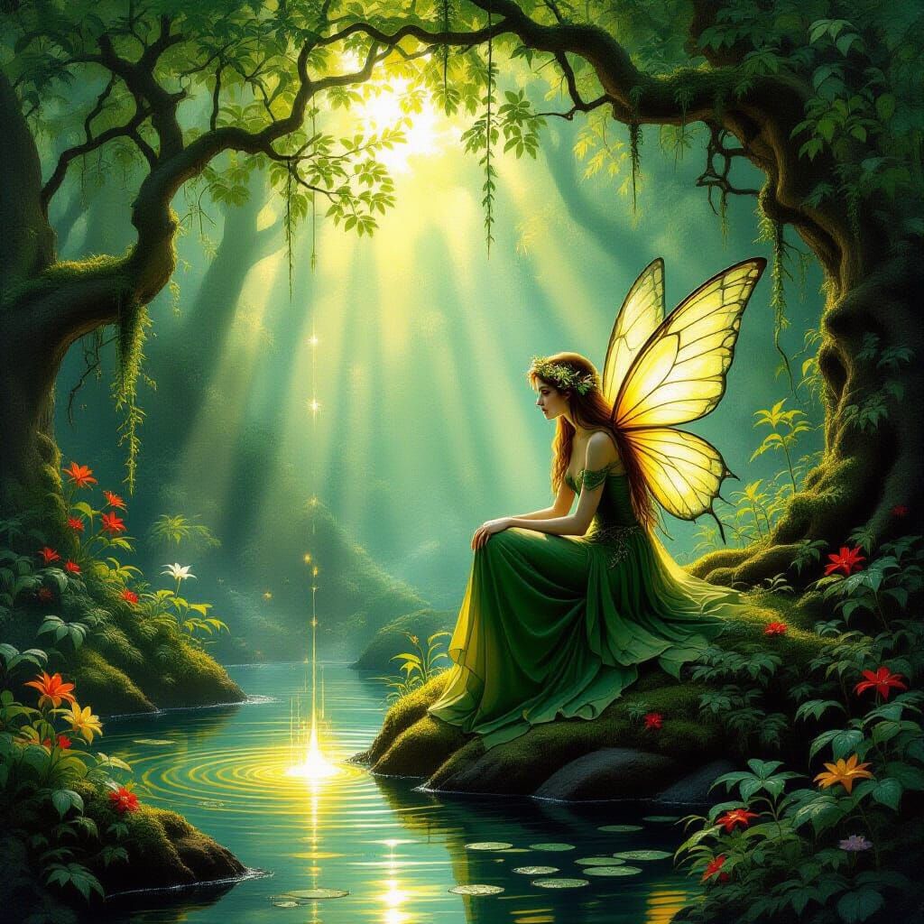 Immortal Fairy Guards Ancient Amber Spring in Painterly Fore...