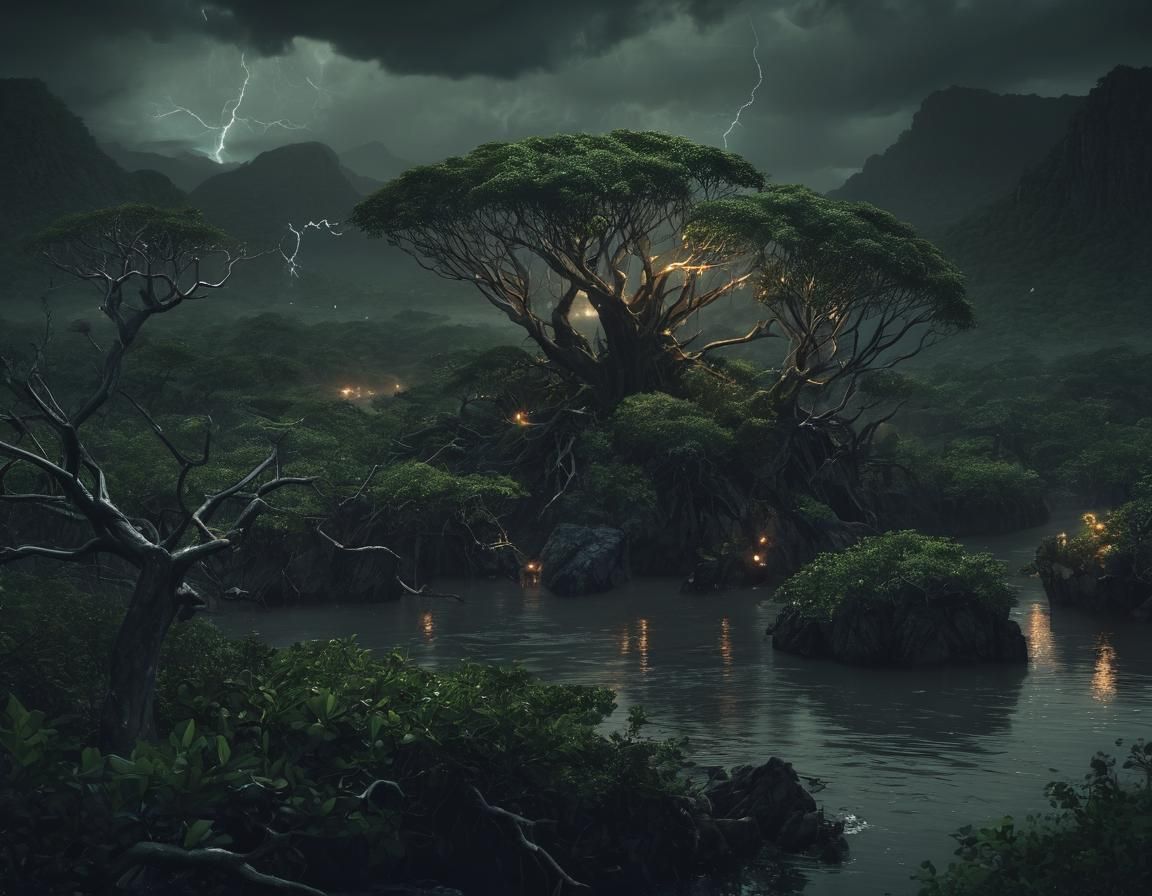 Dramatic Lightning Strikes Mangrove Forest: Dark Fantasy Art