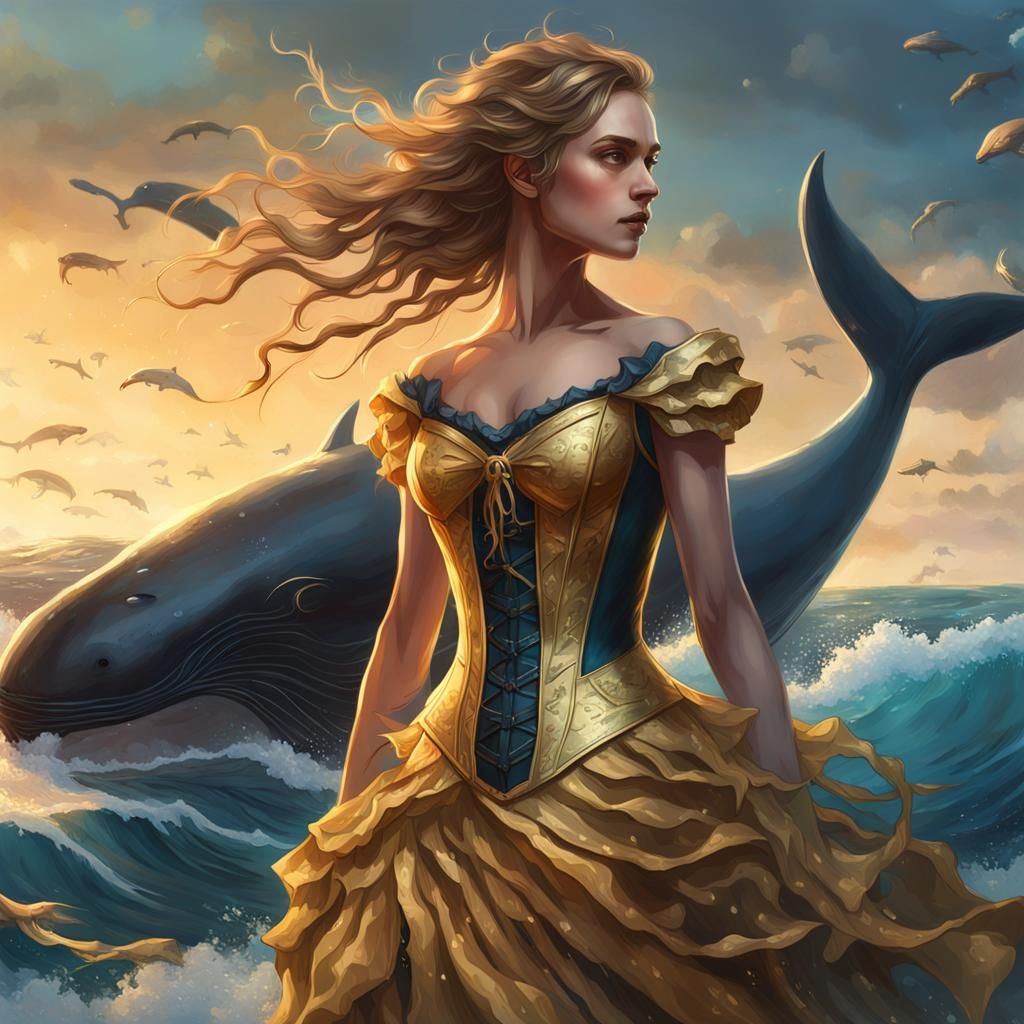 Ocean Walker in Golden Dress, Hyperdetailed Portrait