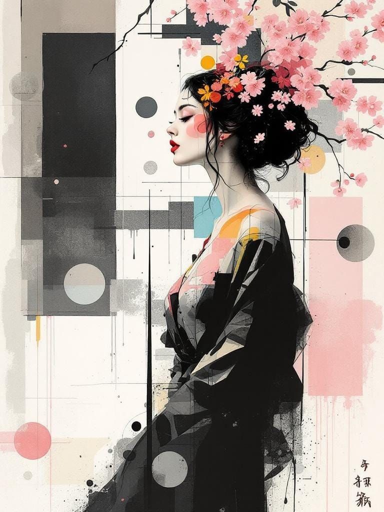 Abstract Pin-Up Fusion in Sumi-e Style